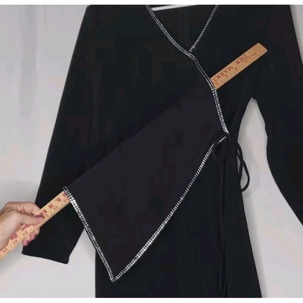 Onyx Nite Maxi Dress 14‎ Black Faux Wrap Diamond Jewel Tie VNeck Long Sleeve Zip